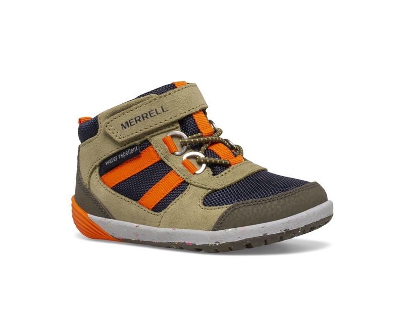 Merrell Bare Steps® Ridge Jr Kids' Hiking Boots Olive / Navy / Orange | 8175-QCDNB