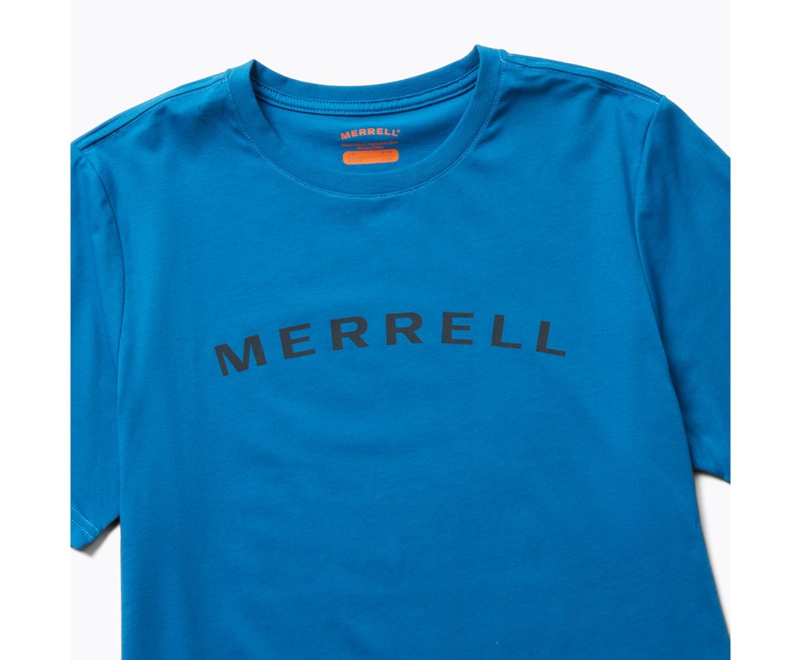 Merrell Wordmark Sleeve Men's T Shirts Blue | 7860-QXDNM