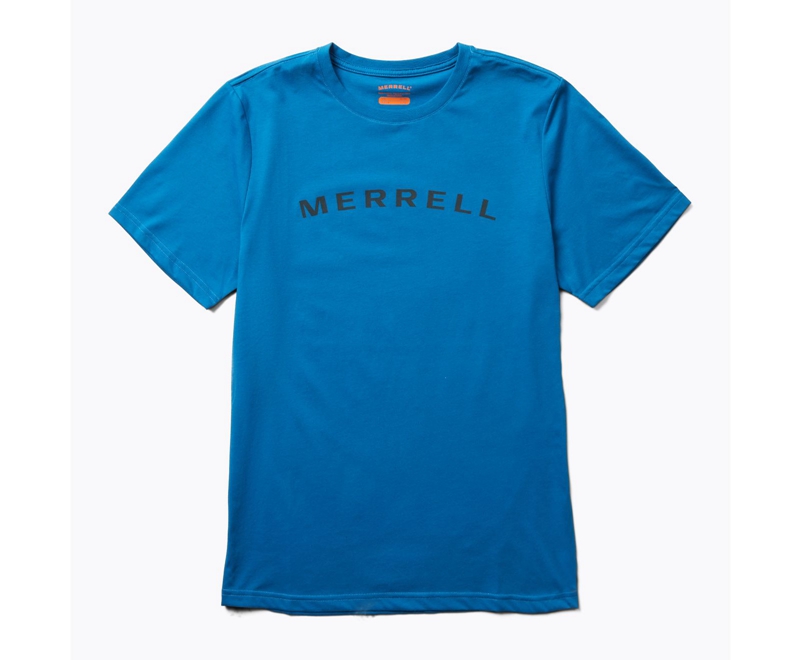 Merrell Wordmark Sleeve Men\'s T Shirts Blue | 7860-QXDNM