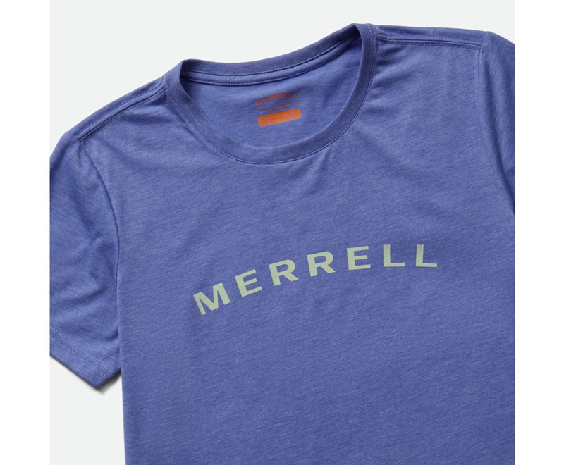 Merrell Wordmark Sleeve Women's T Shirts Blue | 7158-VSOME