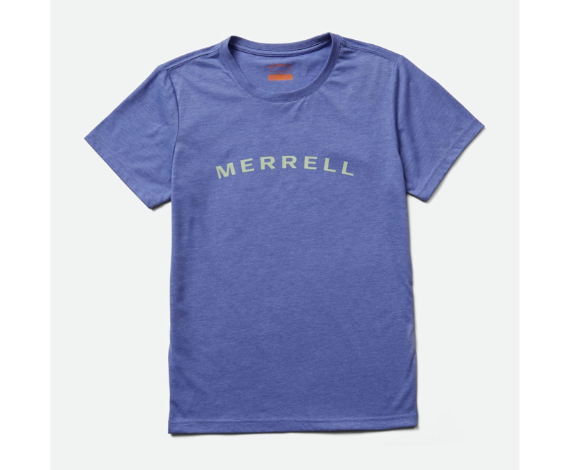 Merrell Wordmark Sleeve Women\'s T Shirts Blue | 7158-VSOME